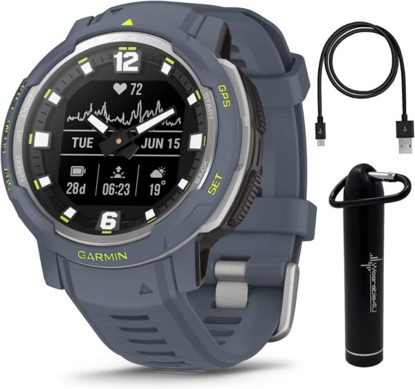 Wearable4U Garmin Instinct Crossover, Rugged Hybrid Smartwatch, Analog Hands and Digital Display 1.27 in, Blue Granite E-Bank Bundle